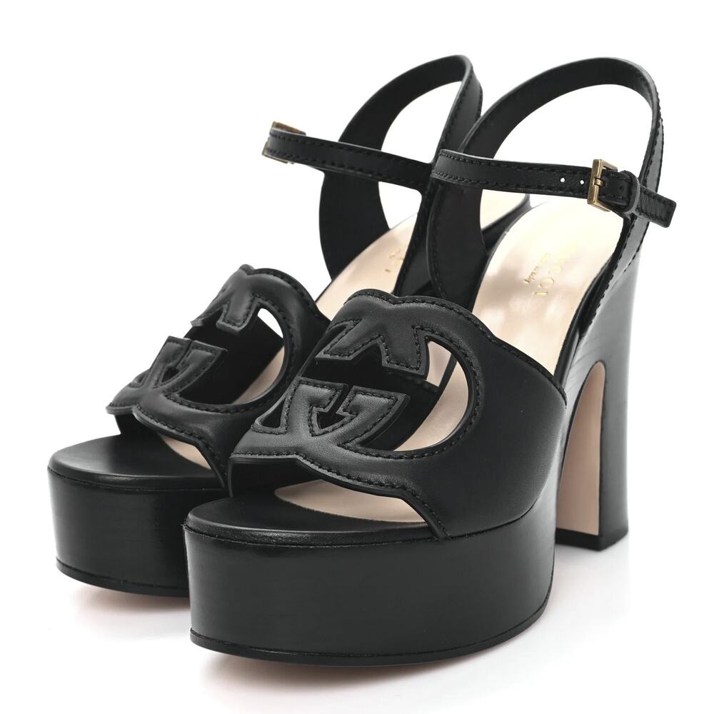 Gucci Black Leather Platform Slingback Sandals with Interlocking G